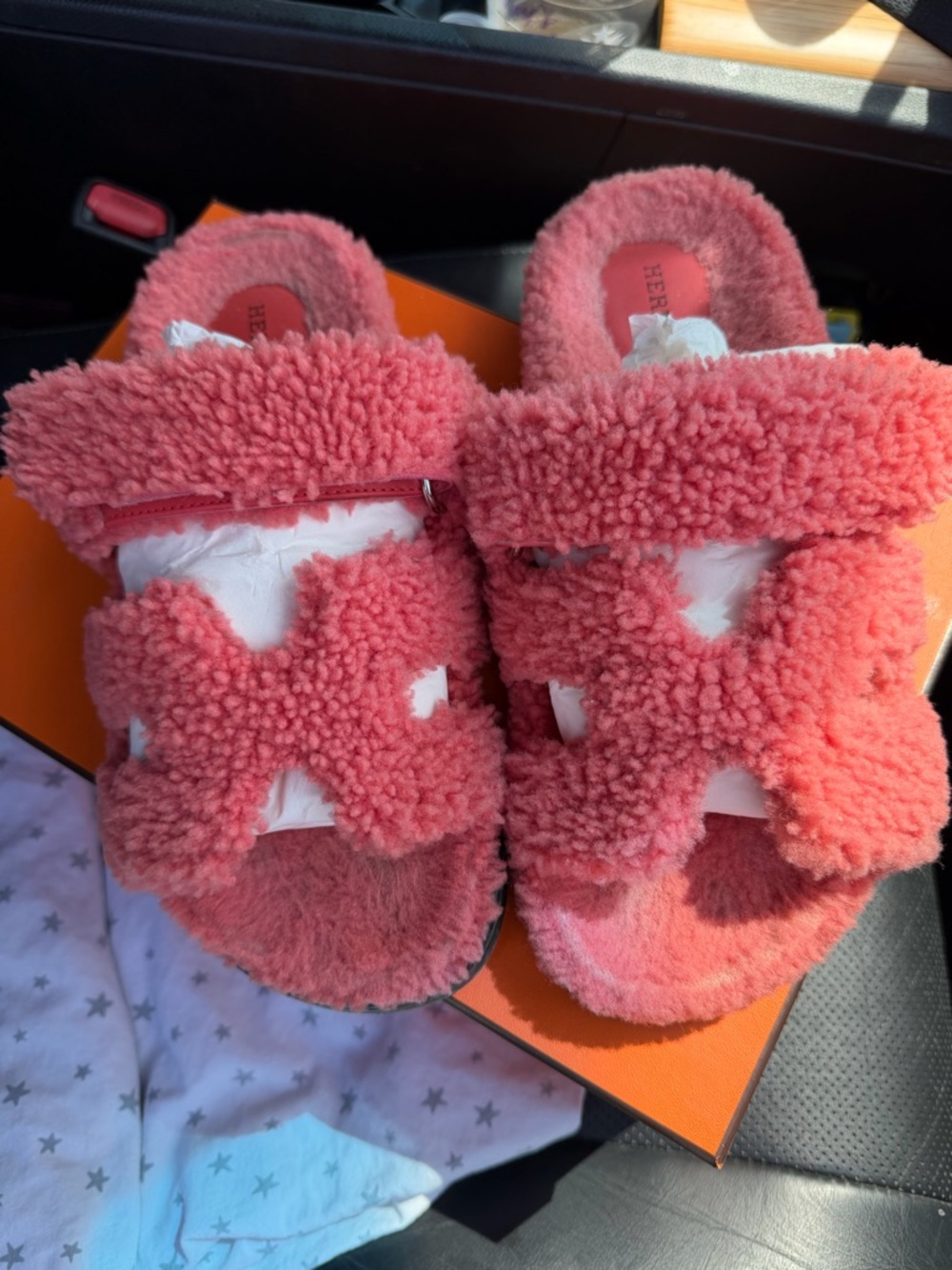 Hermès Pink Shearling chypre  Sandal Slide
